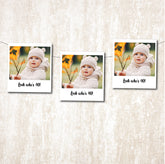Three photo prints of a baby in a white outfit with text 'Look who's 40!' on a textured beige background.